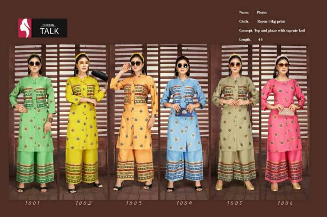 Ft Pintex Latest Fancy Designer Casual Wear Gold Print Heavy Rayon Kurti With Bottom Collection
